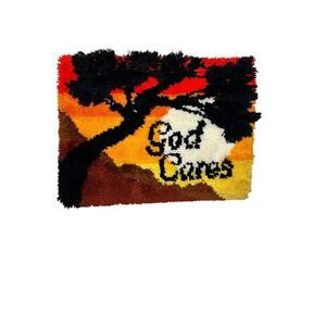 Vintage 70s Latch Hook Wall Decor Big Tree God Cares Pattern 17.5"x23"